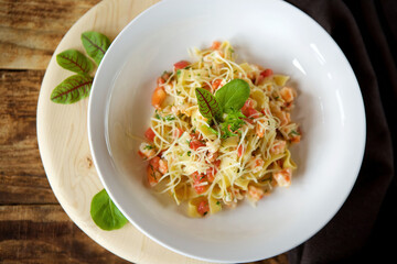 Pasta with cheese and seafood. Italian cuisine.