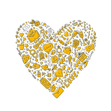 Heart, consisting of many small pictures on the theme of love, feelings and romance. For a postcard for Valentine's Day. Love. The senses. Emotions. Romance. Vector. Doodle. Drawn by hand.
