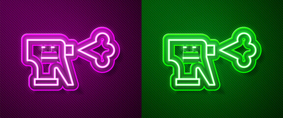 Glowing neon line Hairdresser pistol spray bottle with water icon isolated on purple and green background. Vector