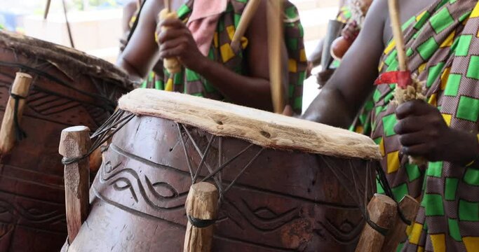 African traditional drum and musicians Accra Ghana. Traditional cultural music instruments, drums, for dancing and entertainment. Culture African celebration demonstration. Typical native cultural.