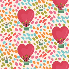 Seamless floral pattern with red balloons and abstract spots.