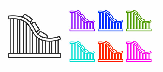 Black line Roller coaster icon isolated on white background. Amusement park. Childrens entertainment playground, recreation park. Set icons colorful. Vector