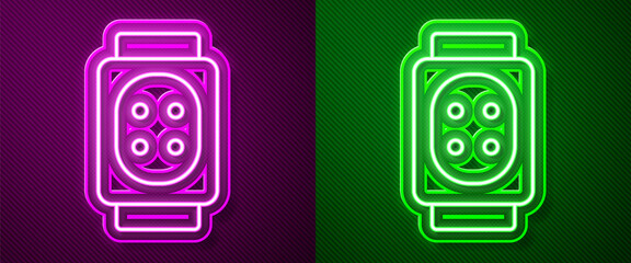 Glowing neon line Knee pads icon isolated on purple and green background. Extreme sport. Skateboarding, bicycle, roller skating protective gear. Vector