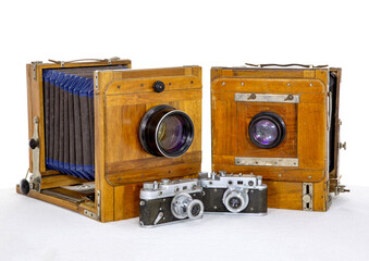 Vintage cameras on white background