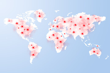 Weltkarte mit vielen Viren oder Corona Hotspots