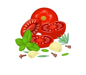 Tomato slices, basil and rosemary leaves, garlic cloves and cloves.