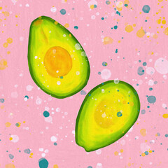 Bright ripe avocado with paint spatter hand drawn 
 illustration on canvas