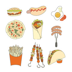 A set of fast food lunch dishes. Classic burger, package of French fries, fried crispy chicken leg, barbecue, grilled sausages, donut, croissant and hot dog