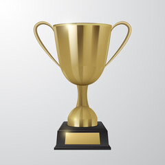 Shiny golden cup on a black pedestal, vector illustration of golden award on a plain background