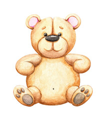 Watercolor teddy bear, cute soft toy as a gift. Hand drawn illustration isolated on white background. Vintage beige element for card design and scrapbooking.