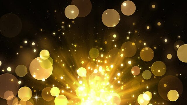 Shining golden bokeh on dark background, magic light, glamour, holiday. Gold glitter particles. Beautiful christmas animated background. Sparkling magic treasure. Seamless loop