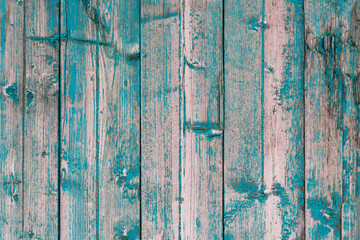 Fototapeta na wymiar Empty clear old painted wooden background with vertical stripes, copy space. Old fashioned wood texture with scratches and scrapes. Green colored photo filter