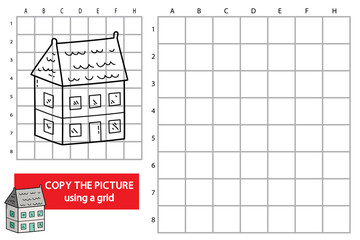 Vector illustration of grid copy picture educational puzzle game with doodle doll house