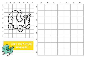 Vector illustration of grid copy picture educational puzzle game with doodle doll pram