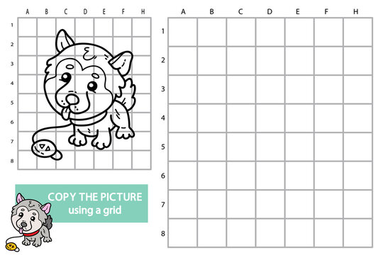 Vector illustration of grid copy picture educational puzzle game with doodle dog
