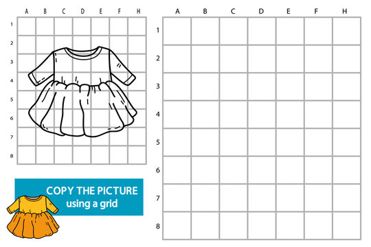 Vector illustration of grid copy picture educational puzzle game with doodle dress
