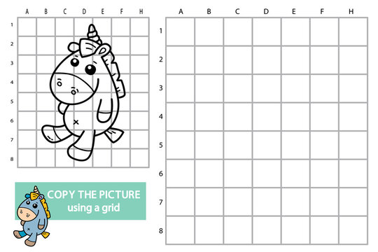 Vector illustration of grid copy picture educational puzzle game with doodle unicorn
