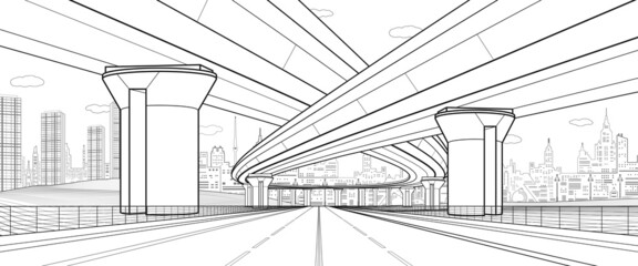 City architecture and infrastructure illustration, automotive overpass, big bridges, urban scene. Black outlines on white background. Vector design art - obrazy, fototapety, plakaty