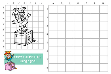 Vector illustration of grid copy picture educational puzzle game with doodle Jack in box