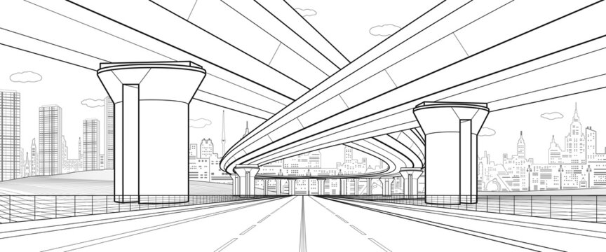 City architecture and infrastructure illustration, automotive overpass, big bridges, urban scene. Black outlines on white background. Vector design art