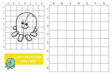Vector illustration of grid copy picture educational puzzle game with doodle octopus
