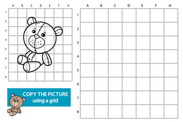 Vector illustration of grid copy picture educational puzzle game with doodle bear