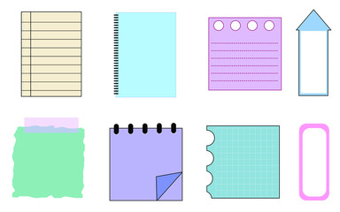 collection set of the blank colorful spiral binder ring notebook paper, notebook, planner, memo, paper sheets, notepad, torn paper. simple and printable