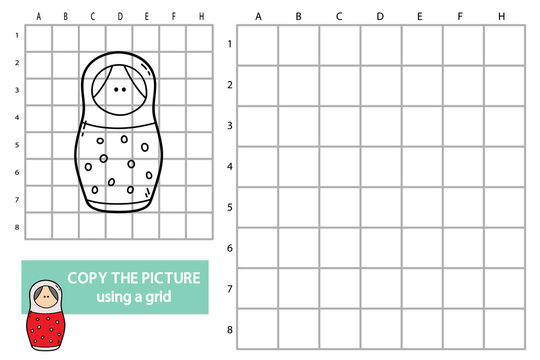 Vector illustration of grid copy picture educational puzzle game with doodle nesting doll
