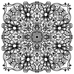 Floral mandala pattern on black and white.