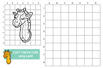 Vector illustration of grid copy picture educational puzzle game with doodle giraffe wall decor