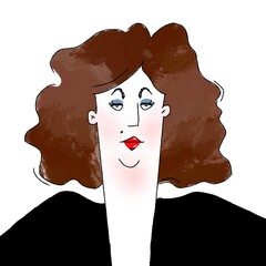 hand drawn caricature portrait of pretty lady with curly hair isolated on white