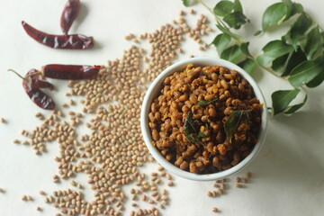 Boiled red cowpea beans stir fried with shallots and garlic. Popular side dish for meals in Kerala commonly called Stir fried Vanpayar