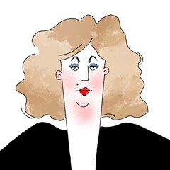 hand drawn caricature portrait of pretty lady with curly hair isolated on white