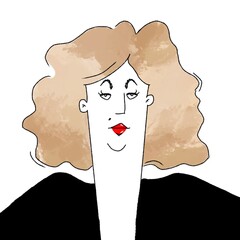 hand drawn caricature portrait of pretty lady with curly hair isolated on white