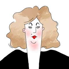 hand drawn caricature portrait of pretty lady with curly hair isolated on white