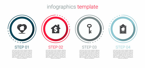 Set House with heart shape, dollar symbol, key and contract. Business infographic template. Vector