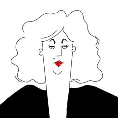 hand drawn caricature portrait of pretty lady with curly hair isolated on white