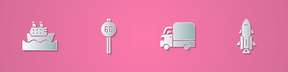 Set paper cut Cruise ship, Speed limit traffic, Delivery cargo truck and Rocket with fire icon. Paper art style. Vector