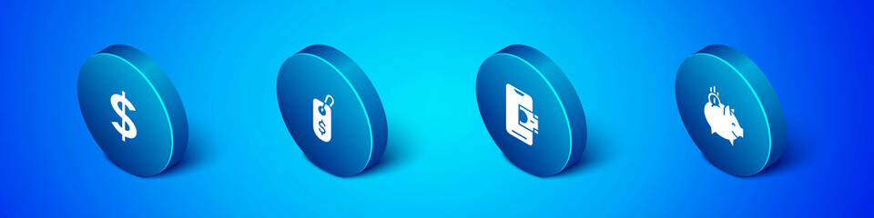 Set Isometric Dollar symbol, Mobile banking, Piggy with coin and Price tag dollar icon. Vector