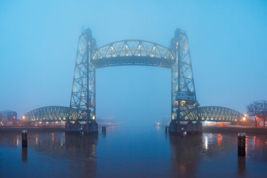panoramic distorted image of De Hef railway bridge in Rotterdam, The Netherlands