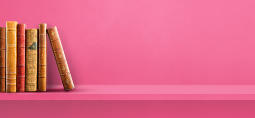 Obraz premium Row of old books on pink shelf. Background banner