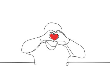 man folded hands in heart shape raising them to level of face - one line drawing vector. Korean gesture "I love you" or "Saranhae"