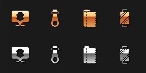 Set Leather, Zipper, Textile fabric roll and Sewing thread on spool icon. Vector