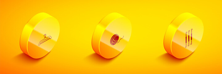 Set Isometric Hanger wardrobe, Yarn ball and Crochet hook icon. Vector