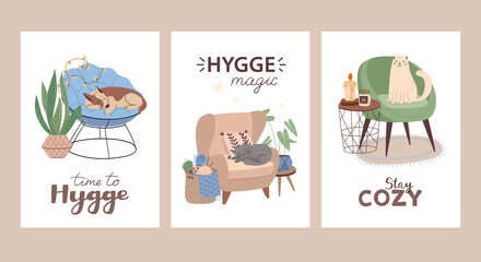 Cozy hygge cards with sleeping pets. Illustrations with animals resting in easy chairs and cute lettering. Vector posters in flat style