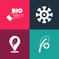 Set pop art Leaf or leaves, Location with leaf, Bacteria and Bio healthy food icon. Vector