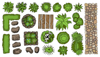 Vector set for landscape design. (top view) Pavements, architectural elements, trees, stones, bushes. (view from above) Hand drawing. - 480708763