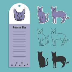 Fototapeta na wymiar cat breed russian blue. Set of stickers, silhouettes and contour line doodle vector illustrations pedigree pet. Design label with field for recording information.