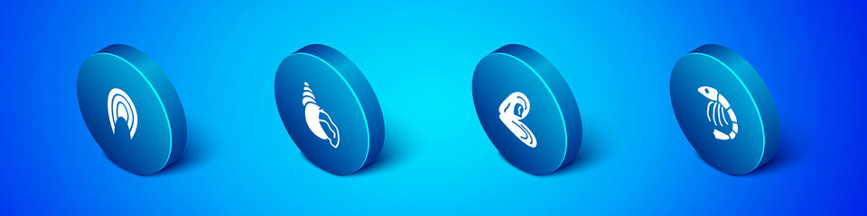 Set Isometric Fish steak, Mussel, Shrimp and Scallop sea shell icon. Vector
