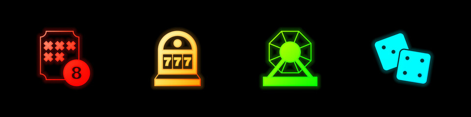 Set Lottery ball on bingo card, Slot machine with jackpot, and Game dice icon. Vector